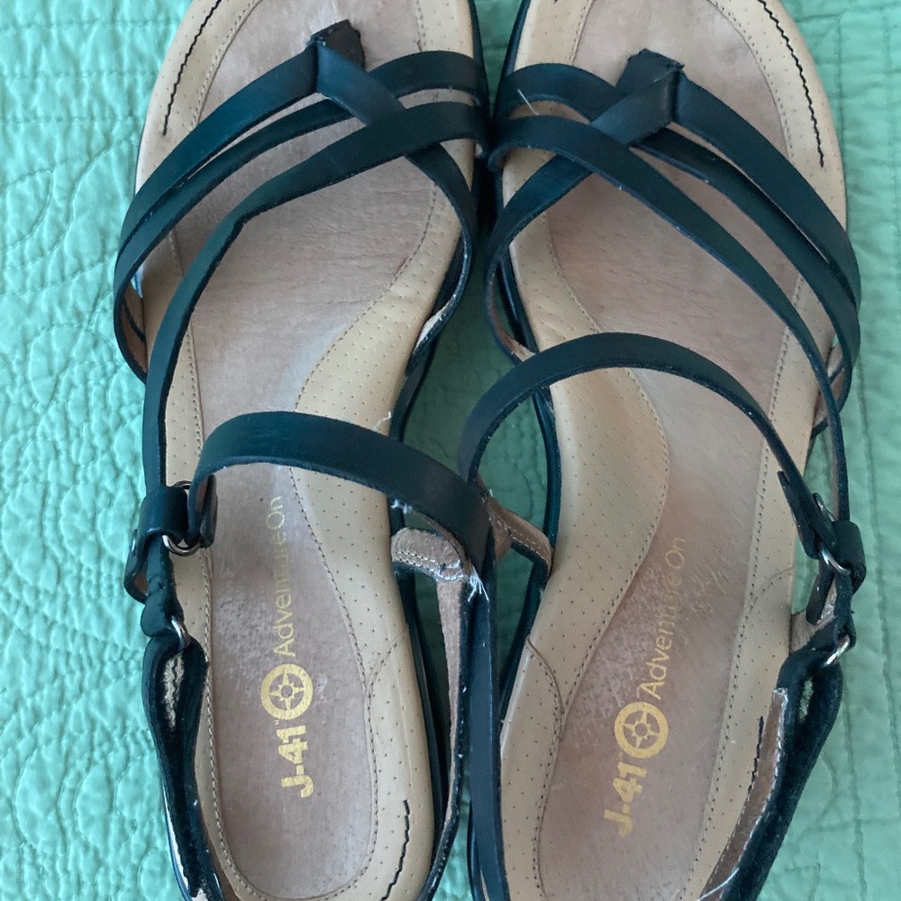J-41 Adventure On black wedge leather strappy sandals with velcro closure Size 9
